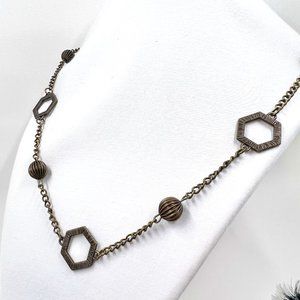 Antiqued Gold Tone 26” Chain Necklace w/ Metal & Hexagon Beading
